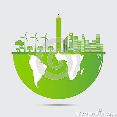 Pencil Ecology and Environmental Concept,Town With Eco-Friendly Ideas,Vector Illustration Vector Illustration