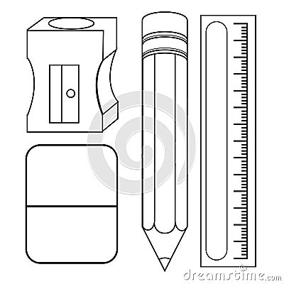 Pencil, eraser, ruler and sharpener coloring page Vector Illustration