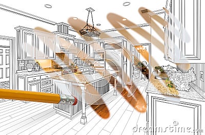 Pencil Erasing Drawing To Reveal Finished Custom Kitchen Design Stock Photo