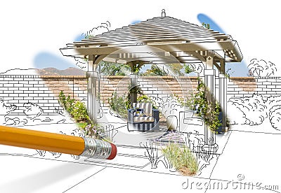 Pencil Erasing Drawing To Reveal Finished Pergola Patio Cover Stock Photo