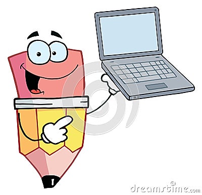Pencil guy holding a laptop Vector Illustration