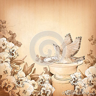 Pencil hand drawing bird in bath and pansy flower Vector Illustration