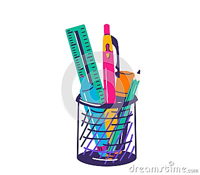 Pencil holder with school office supplies vector illustration in flat simple cartoon modern style Cartoon Illustration