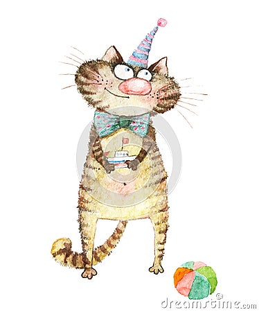 Pencil illustration festive cute kitten. Cartoon Illustration