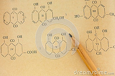 Pencil lies on a page of old chemistry book with chemical formulas Stock Photo