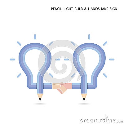 Pencil light bulb and handshake concept on background. Vector Illustration