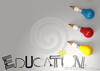 Pencil lightbulb 3d and design word EDUCATION Stock Photo