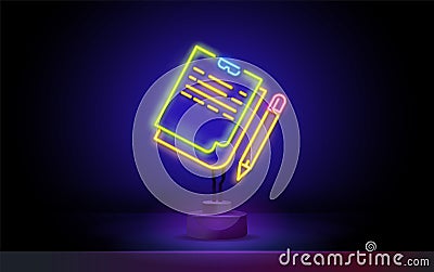 Neon notepad with pencil outline icon in neon style. Elements of education illustration line icon. signs, symbols can be Vector Illustration