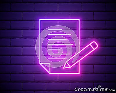 Pencil, list, paper outline icon in neon style. elements of education illustration line icon. signs, symbols can be used for web, Vector Illustration