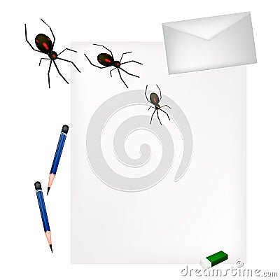 Pencil Lying on Blank Page with Evil Spiders Vector Illustration