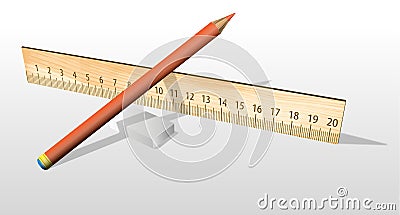Pencil lying on a wooden ruler next to the eraser Vector Illustration