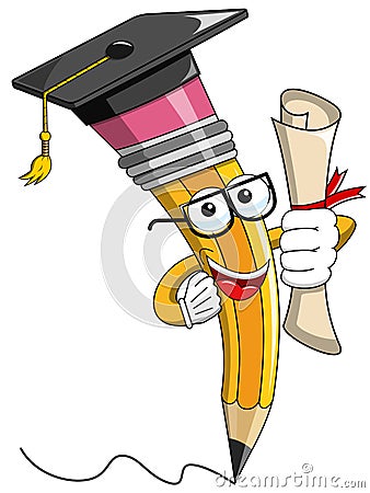 Pencil Mascot cartoon graduate certificate isolated Vector Illustration