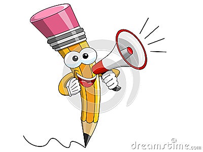 Pencil Mascot cartoon speaking megaphone isolated Vector Illustration