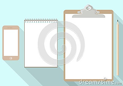 Pencil, notebook, phone and blank paper sheet on clipboard Vector Illustration