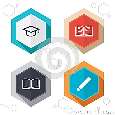 Pencil and open book signs. Graduation cap icon Vector Illustration