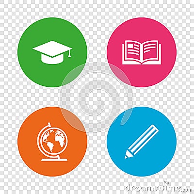 Pencil and open book signs. Graduation cap icon. Vector Illustration