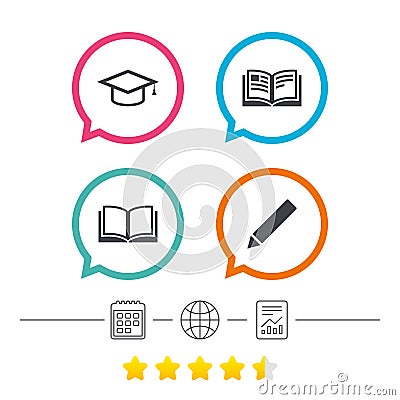 Pencil and open book signs. Graduation cap icon. Vector Illustration