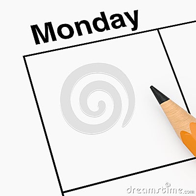 Pencil over Monday Calendar Scheduler Cell with Empty Space for Your Design. 3d Rendering Stock Photo