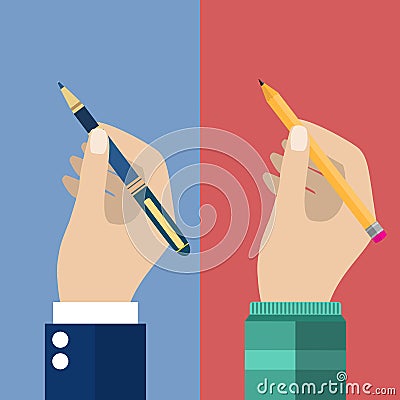 Pencil and pen in hand set for writing. Vector Illustration