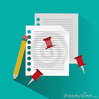 Pencil piece of papers and pins design Vector Illustration