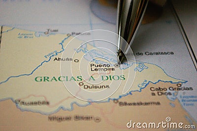 Pencil pointing at a Honduras City Gracias a Dios Stock Photo