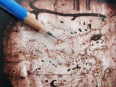 Pencil pointing nautical chart Stock Photo