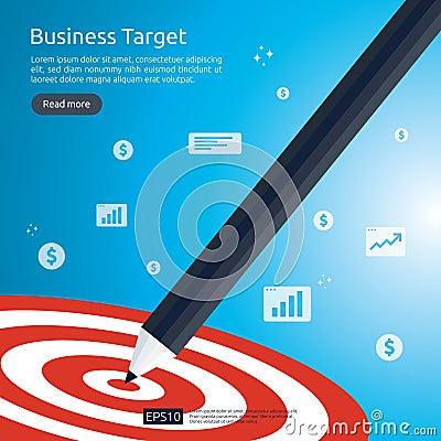 Pencil pointing to dartboard center goal. strategy achievement and success flat design. Archery dart target and arrow. Business Vector Illustration