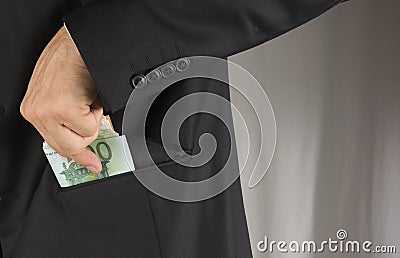 Pencil pusher asking for a bribe in euros or in dollars. Stock Photo