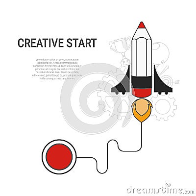 Pencil rocket flat style. Creative start concept. Vector Illustration