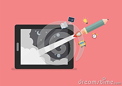 Pencil rocket launch out of computer tablet Vector Illustration