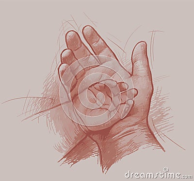 Pencil sepia drawing of small baby arm lying in parent hand Vector Illustration