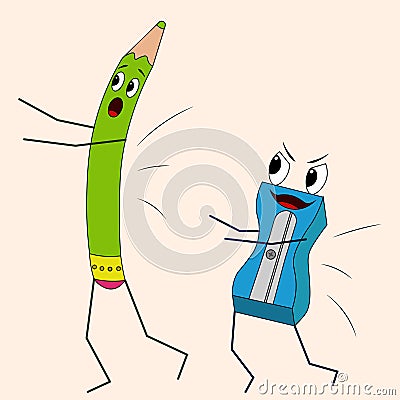 Pencil and sharpener. The sharpener is chasing the pencil. Vector Illustration