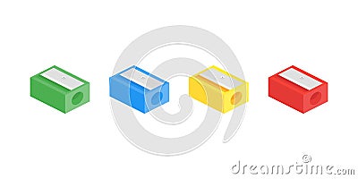 Pencil sharpener colored isolated vector on white background. Plastic school instrument. Trendy isometric design Vector Illustration