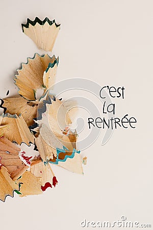 Pencil shavings and text back to school in french Stock Photo