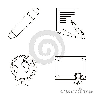 pencil, a sheet of paper with a blue handle, a diploma with a seal, a globe on a stand.School set collection icons Vector Illustration