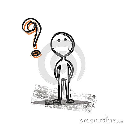 A pencil sketch of a cartoon puppet with expressive features, next to a question mark on a white background, Generative AI Stock Photo