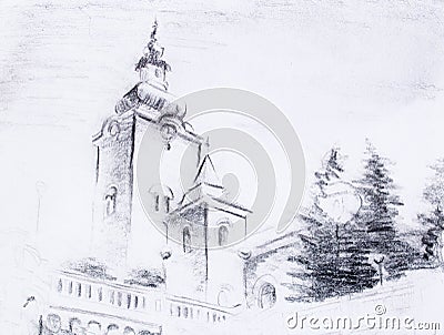 Pencil sketch church, drawing on vintage paper. Stock Photo