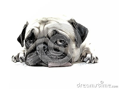 Pencil sketch of close-up face cute pug puppy dog sleeping by chin and tongue lay down on floor Stock Photo