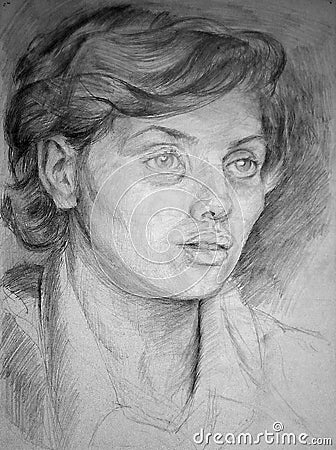 Pencil sketch of a female head on white paper. Young girl. Stock Photo