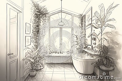 pencil sketch of serene bathroom filled with natural light, surrounded by plants Stock Photo