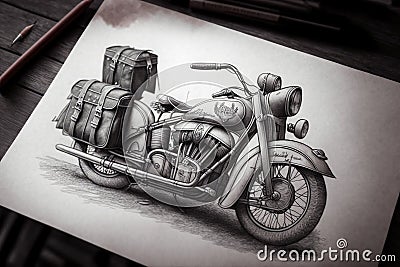 pencil sketch of vintage motorcycle with retro design and leather saddlebags Stock Photo