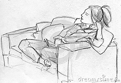 Pencil sketch of woman on sofa Stock Photo
