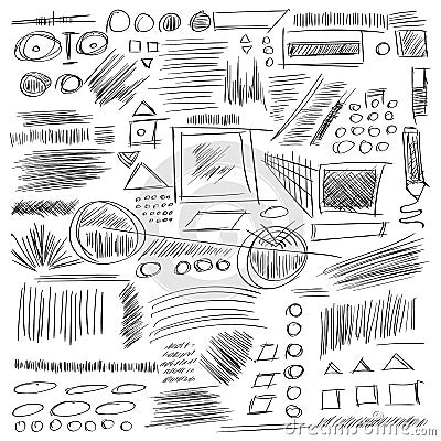 Pencil sketches. Hand drawn scribble shapes. A set of doodle lin Vector Illustration