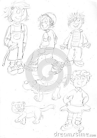 Pencil sketches of little dogs with doll, old upward bench Cartoon Illustration