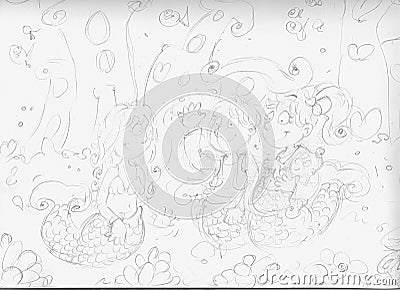 Pencil sketches mermaid with friends mermaids underwater world Cartoon Illustration