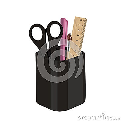 Pencil stand with pen and scissors and ruler. Vector illustration. Vector Illustration