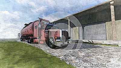 Pencil illustration of a red milk tanker truck parked on a road Cartoon Illustration
