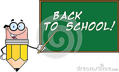 Pencil Teacher Character With A Pointer In Front Of Chalkboard With Text Stock Photo
