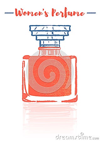Pencil and textured style orange vector illustration of a beauty utensil perfume bottle product full of flowers fragrances Cartoon Illustration