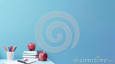 Pencil tray and an apple on books on table on the blue background. Stock Photo